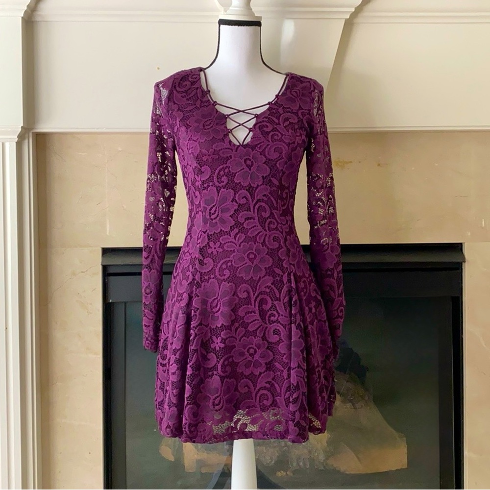 Forever 21 Purple Fit and Flare Long Sleeve Dress